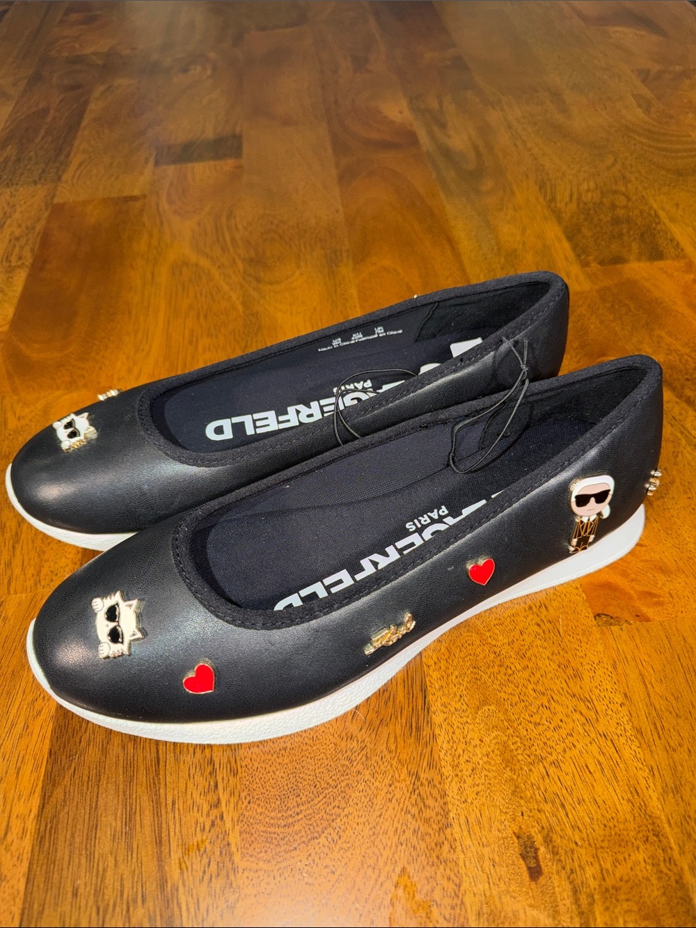 Karl Lagerfeld Black Ballet Flats with Red Heart and Gold Charms